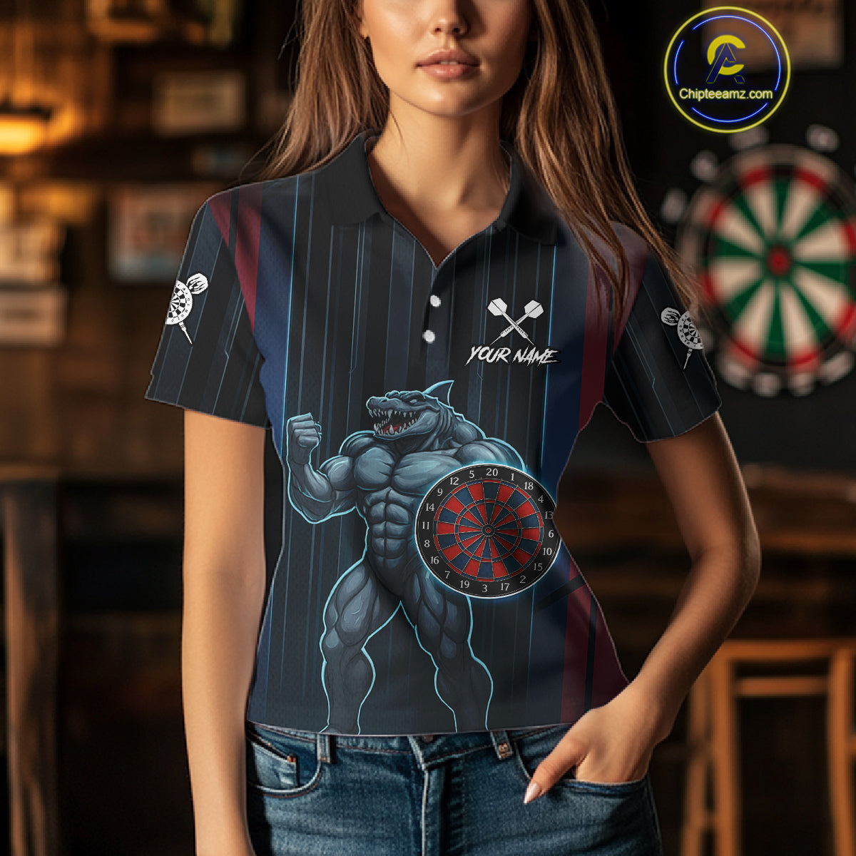 Funny Blue & Red Shark Dartboard Custom Women Darts Polo Shirt Dart Tournament Jerseys NYN1905