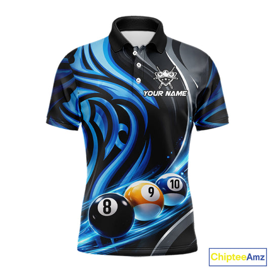 Black And Blue Tribal Light 8 Ball Pool Men Polo & 1/4-Zip Shirt Custom Billiards Ball Jerseys NYN2430