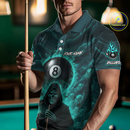 Teal Thunder Grim Reaper 8 Ball Pool Men Polo & 1/4-Zip Shirt Custom Billiard Ball & Cue Gifts NYN2436