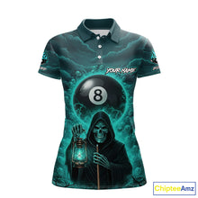 Load image into Gallery viewer, Teal Thunder Grim Reaper 8 Ball Pool Women Polo &amp; 1/4-Zip Shirt Custom Billiard Ball &amp; Cue Gifts NYN2436
