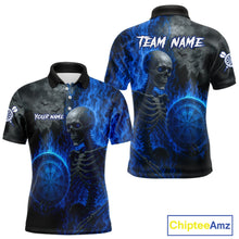 Load image into Gallery viewer, Custom Grey And Blue Flames Dartboard Skeleton Dart Men Polo Shirt Dart Team Jerseys NYN1628