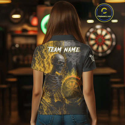 Custom Grey And Yellow Flames Dartboard Skeleton Dart Women Polo Shirt Dart Team Jerseys NYN1630