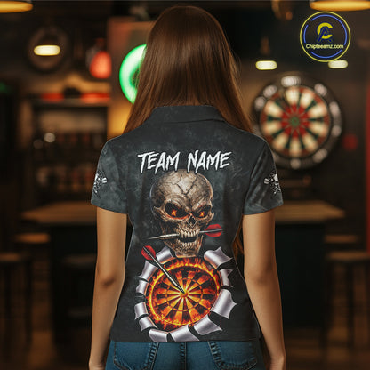 Custom Smoke Grunge Skull Torn Fire Flame Darts Polo & Quarter-Zip Shirts For Women Dart Team Jerseys NYN2822