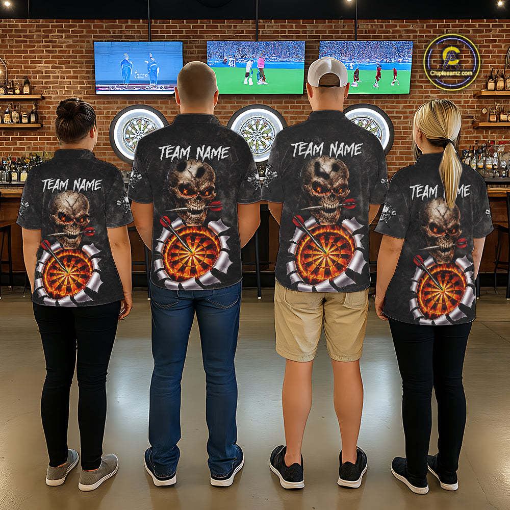 Custom Smoke Grunge Skull Torn Fire Flame Darts Polo & Quarter-Zip Shirts For Women Dart Team Jerseys NYN2822