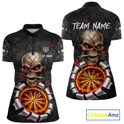 Custom Smoke Grunge Skull Torn Fire Flame Darts Polo & Quarter-Zip Shirts For Women Dart Team Jerseys NYN2822