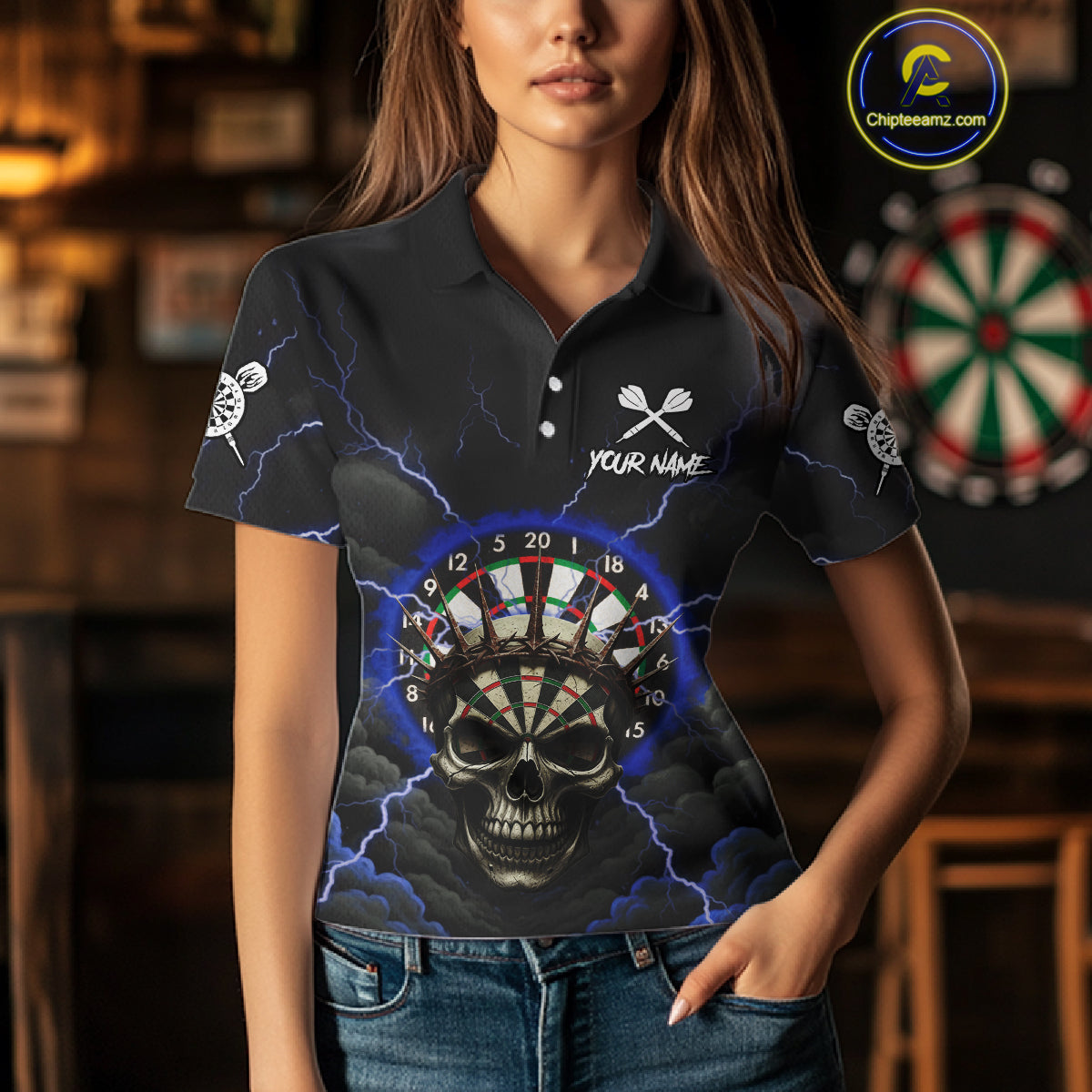 Custom Lightning Blue Smokes Skull Dartboard Women Darts Polo Shirt Skull Dart Jerseys NYN1917