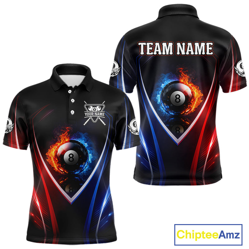 Blue And Red Flames 8 Ball Pool Men Polo & 1/4-Zip Team Shirts Custom Billiards Ball Apparel NYN2457