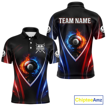 Blue And Red Flames 8 Ball Pool Men Polo & 1/4-Zip Team Shirts Custom Billiards Ball Apparel NYN2457