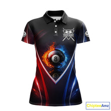 Load image into Gallery viewer, Blue And Red Flames 8 Ball Pool Women Polo &amp; 1/4-Zip Team Shirts Custom Billiards Ball Apparel NYN2457