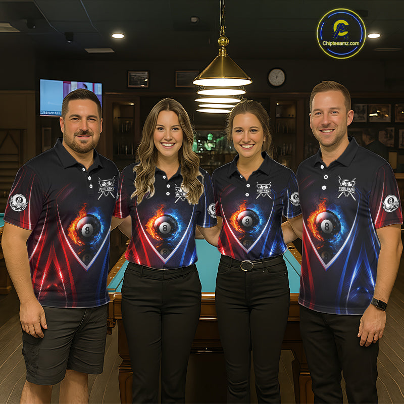 Blue And Red Flames 8 Ball Pool Men Polo & 1/4-Zip Team Shirts Custom Billiards Ball Apparel NYN2457