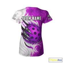 Load image into Gallery viewer, White &amp; Purple Claw Scratches Pickleball Ball T-Shirt For Women Custom Pickleball Jerseys NYN2483