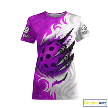 Load image into Gallery viewer, White &amp; Purple Claw Scratches Pickleball Ball T-Shirt For Women Custom Pickleball Jerseys NYN2483