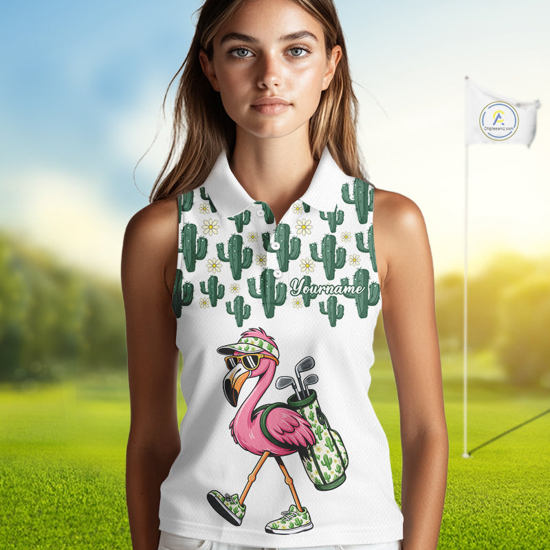 Personalized Green Cactus Flower Pattern Womens Golf Sleeveless Polo Shirts Custom Funny Flaming Golf Shirt NYN2837