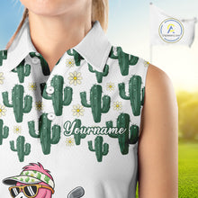 Load image into Gallery viewer, Personalized Green Cactus Flower Pattern Womens Golf Sleeveless Polo Shirts Custom Funny Flaming Golf Shirt NYN2837