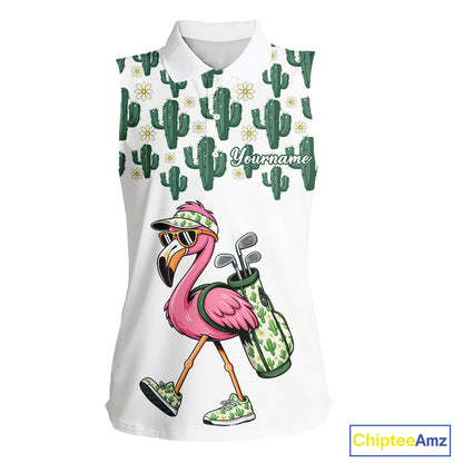Personalized Green Cactus Flower Pattern Womens Golf Sleeveless Polo Shirts Custom Funny Flaming Golf Shirt NYN2837