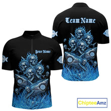 Load image into Gallery viewer, Custom Blue Flames Shark And Skull 3D Men Darts Quarter-Zip League Shirts Funny Dart Jerseys NYN2203