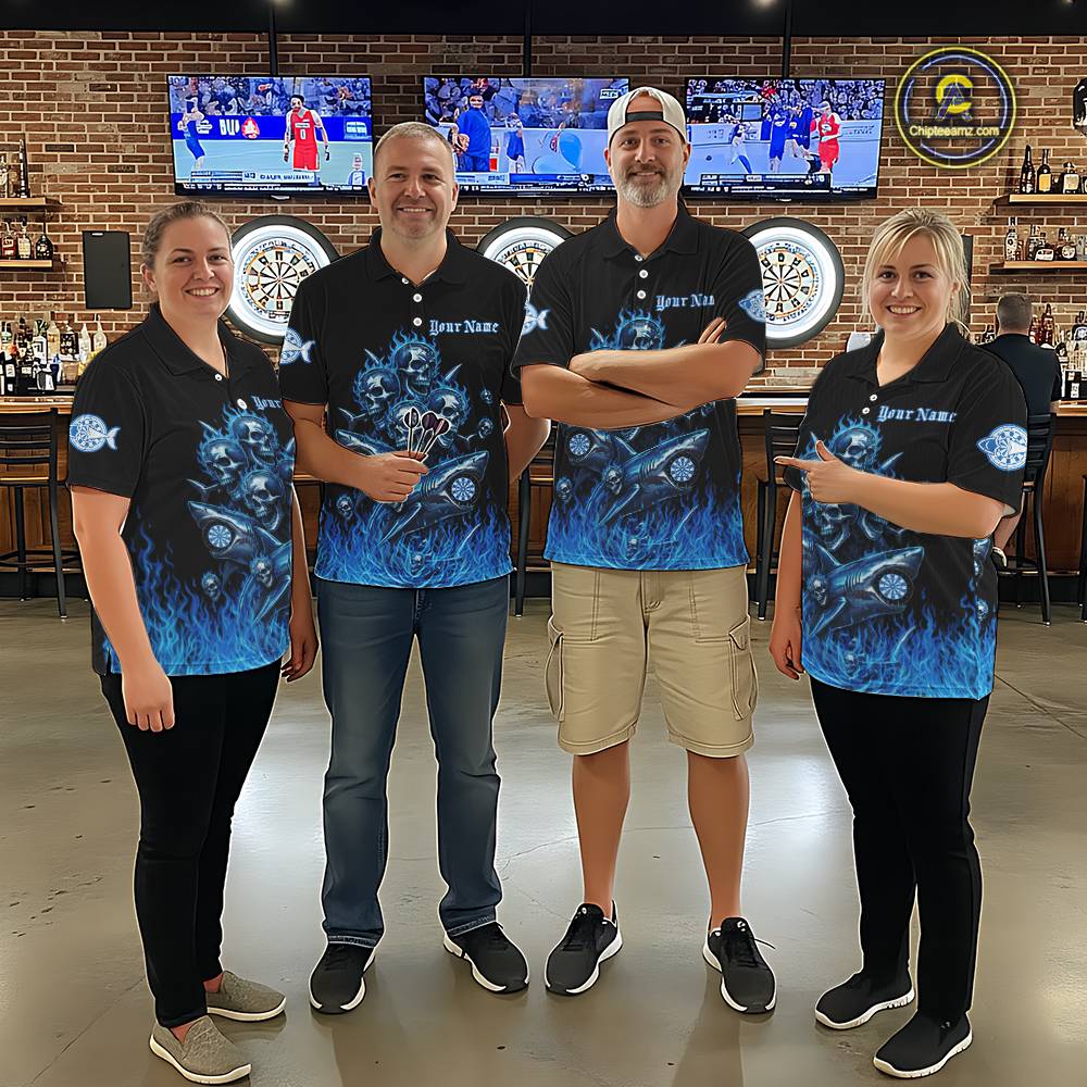 Custom Blue Flames Shark And Skull 3D Men Darts Polo League Shirts Funny Dart Jerseys NYN2203