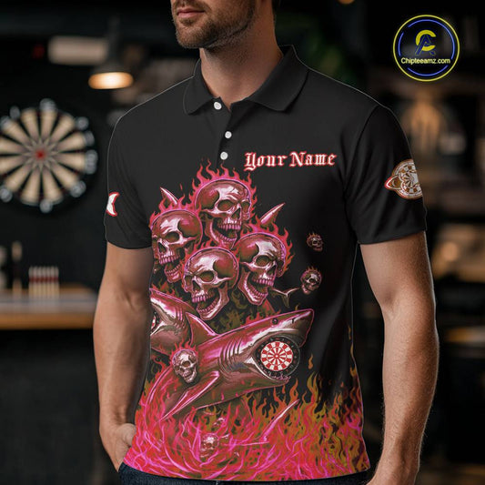 Custom Red Flames Shark And Skull 3D Men Darts Polo League Shirts Funny Dart Jerseys NYN2204