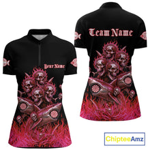 Load image into Gallery viewer, Custom Red Flames Shark And Skull 3D Women Darts Quarter-Zip League Shirts Funny Dart Jerseys NYN2204