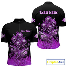 Load image into Gallery viewer, Custom Purple Flames Shark And Skull 3D Men Darts Quarter-Zip League Shirts Funny Dart Jerseys NYN2205