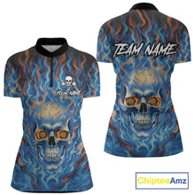 Load image into Gallery viewer, Custom Blue Fire Flaming Skull Dartboard Women Darts Quarter-Zip League Shirts Outfits Dart Jerseys NYN2207