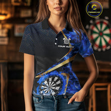 Load image into Gallery viewer, Custom Blue Flames Dragon Dartboard Halftone Dart Women Polo Jerseys Gold Dart Team Shirt NYN1693