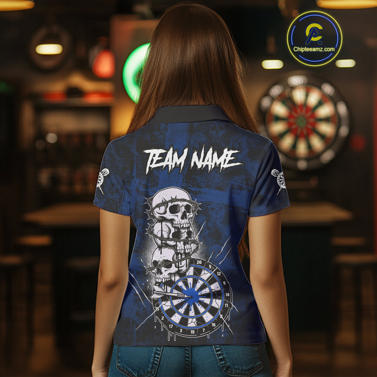 Custom Blue Grunge Barbed Wire Grey Skull Dartboard Men Darts Polo Shirt Dart Jerseys NYN1978