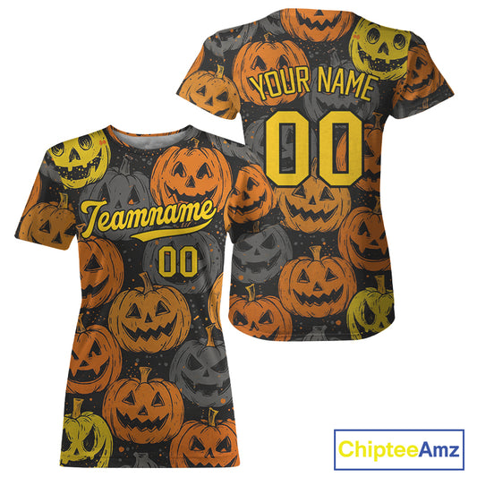 Custom Colorful Pumpkin Baseball Halloween T-Shirt For Women Hallow's Eve Baseball Shirts NYN1466