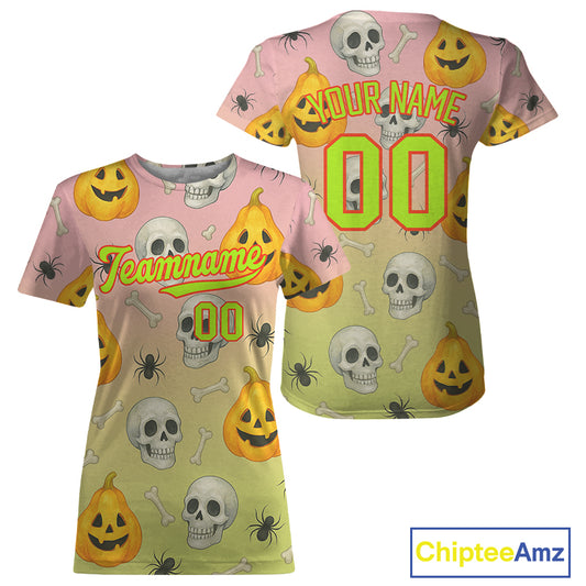 Custom Green Pink Funny Baseball Halloween T-Shirt For Women Hallow's Eve Baseball Shirts NYN1467