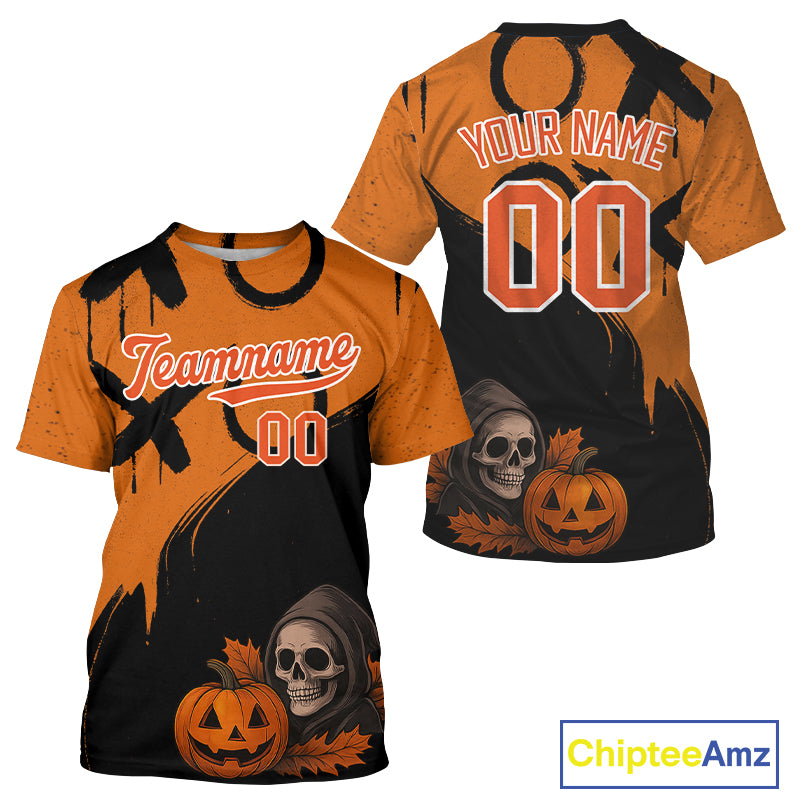 Custom Skeleton Pumpkin Baseball Halloween T-Shirt For Men Outfits Skull Baseball Shirts NYN1469