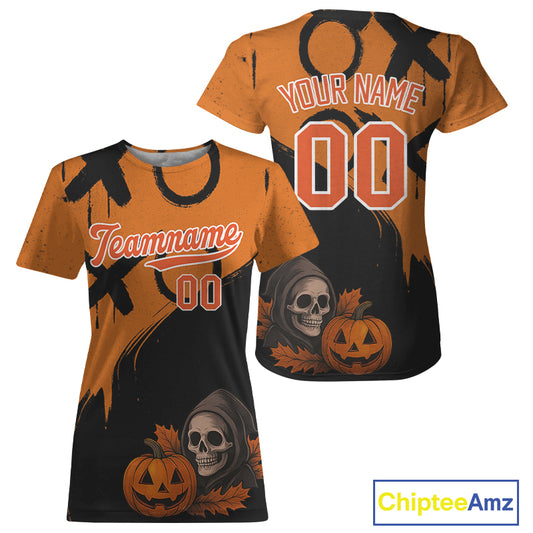 Custom Skeleton Pumpkin Baseball Halloween T-Shirt For Women Outfits Skull Baseball Shirts NYN1469