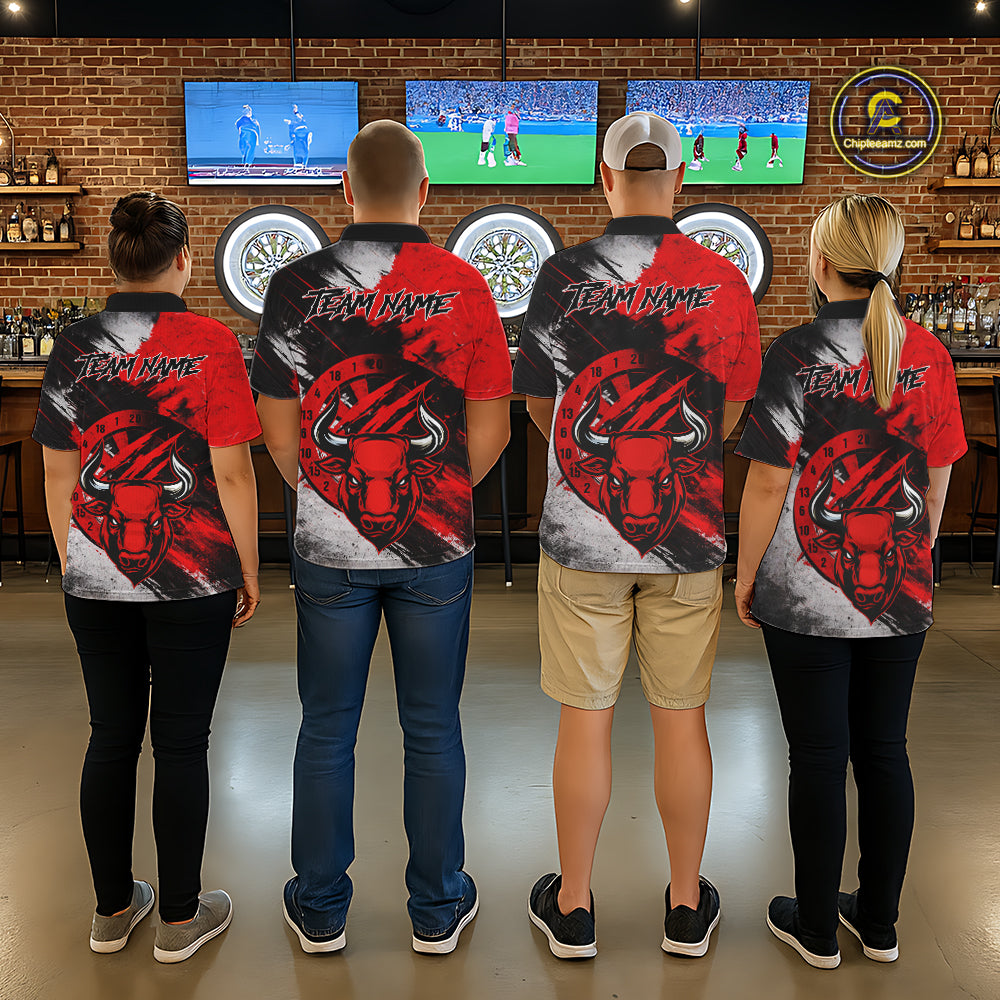 Custom Red Grunge Funny Bull Darts Polo & 1/4 Zip Shirt For Men Bull Darts Team Jerseys NYN2890
