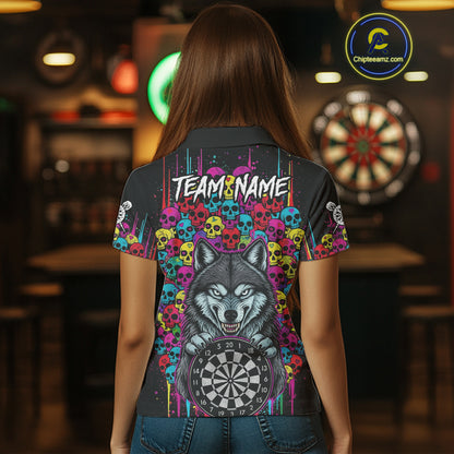 Multi-Color Skull Funny Wolf Dartboard Custom Darts Polo Shirt For Women Dart Team Gifts NYN2000