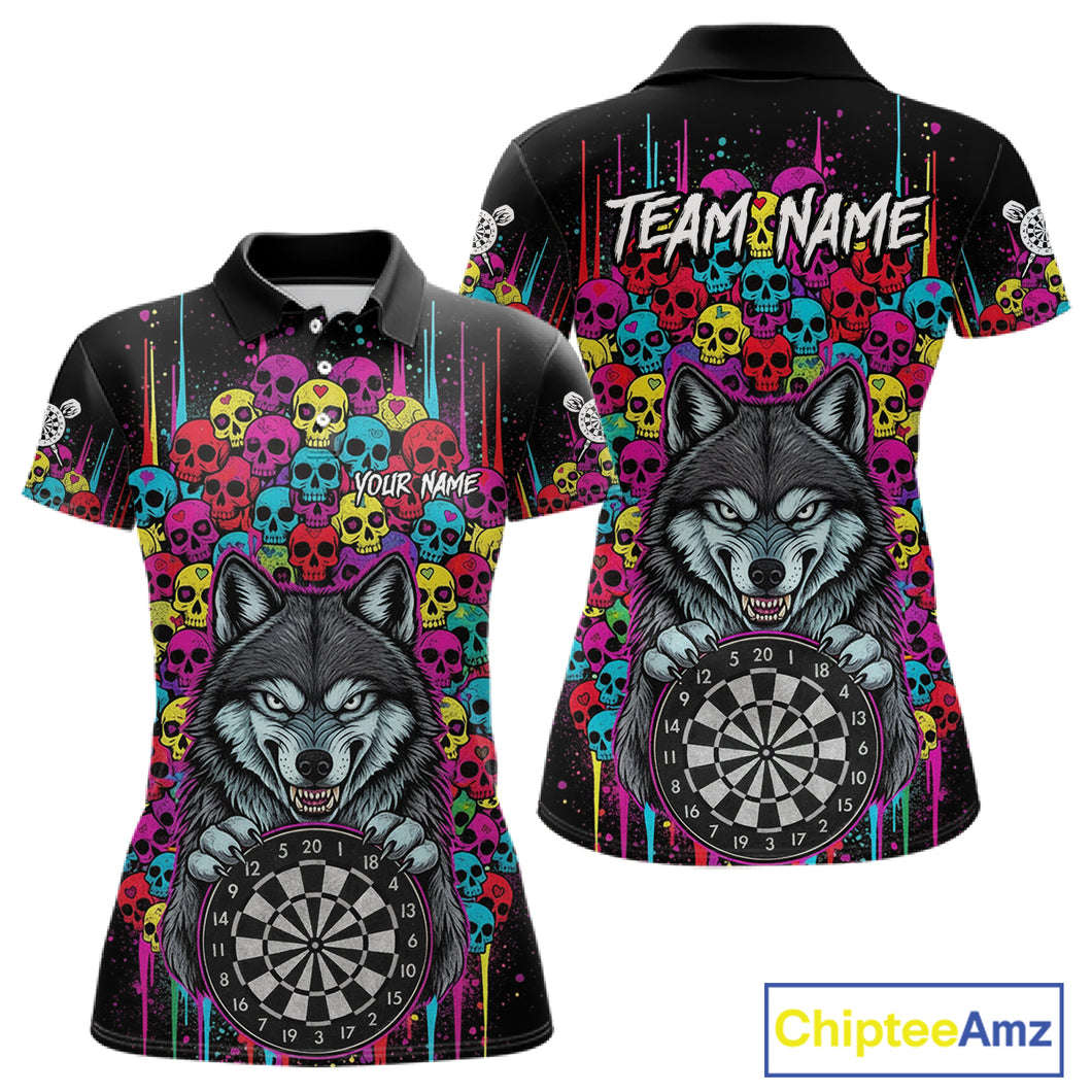 Multi-Color Skull Funny Wolf Dartboard Custom Darts Polo Shirt For Women Dart Team Gifts NYN2000