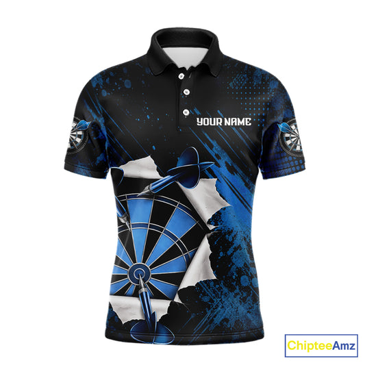Custom Grunge Blue Torn Darts Polo & Quarter-Zip For Men Blue Spatter Outfit Dart Team Jerseys NYN2903