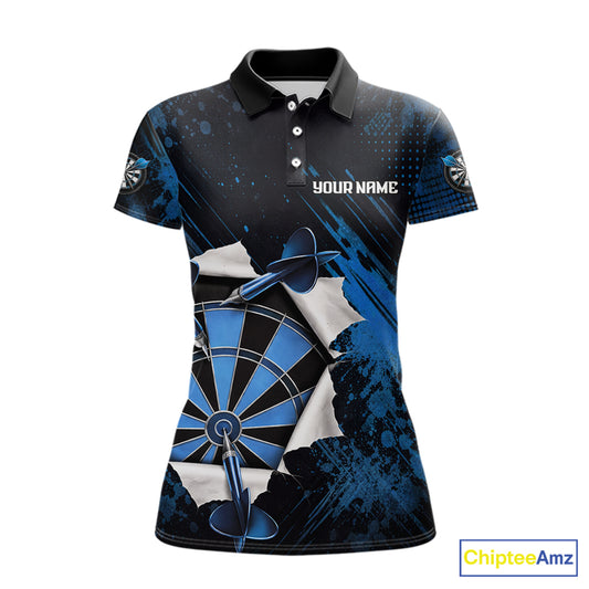Custom Grunge Blue Torn Darts Polo & Quarter-Zip For Women Blue Spatter Outfit Dart Team Jerseys NYN2903