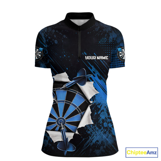 Custom Grunge Blue Torn Darts Polo & Quarter-Zip For Women Blue Spatter Outfit Dart Team Jerseys NYN2903
