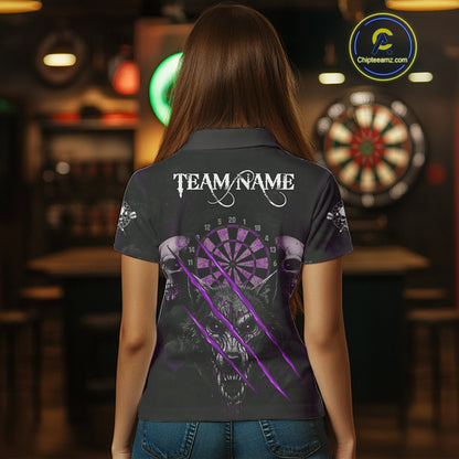 Purple Blood Scratch Wolf Women Darts Polo Shirt Custom Name & Team Skull Dart League Shirt NYN2055
