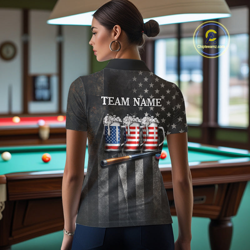 Grunge US Flag Beer Pool 8 Ball & 9 Ball Women's Billiard Shirt Custom Patriotic Billiard Team Attire NYN2560