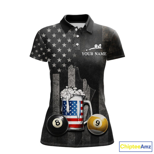 Grunge US Flag Beer Pool 8 Ball & 9 Ball Women's Billiard Shirt Custom Patriotic Billiard Team Attire NYN2560