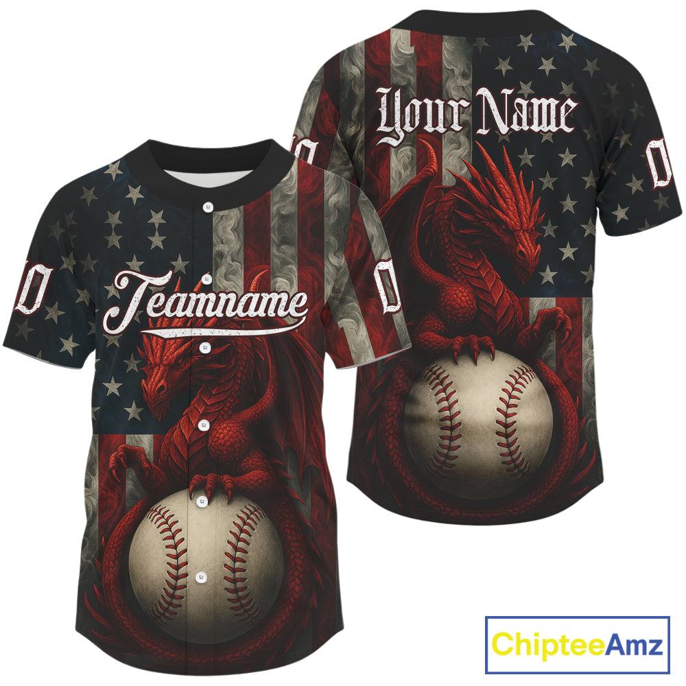 Custom Red Smoke Dragon Patriotic Baseball Shirt For Men US Flag Baseball Jerseys NYN1515