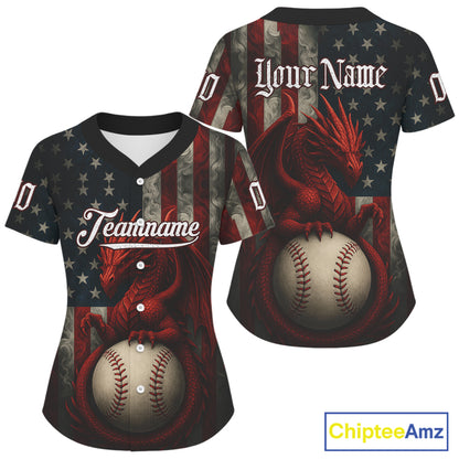 Custom Red Smoke Dragon Patriotic Baseball Shirt For Women US Flag Baseball Jerseys NYN1515