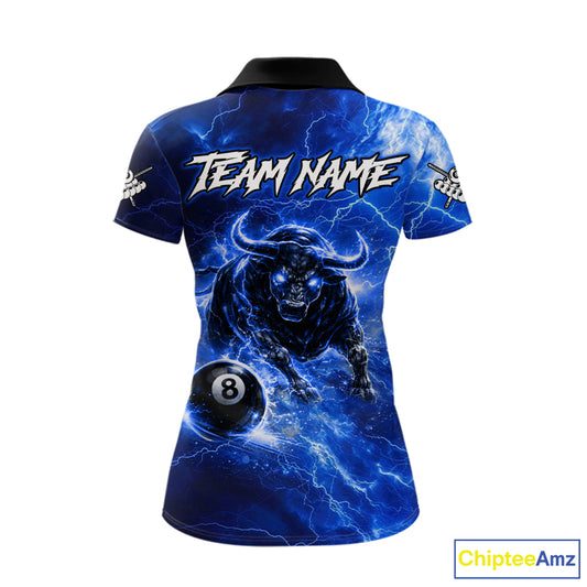 Thunder Lightning Blue Funny Bull 8 Ball Pool Women Billiard Shirt Custom Billiard Team Attire NYN2732