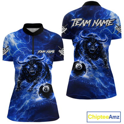Thunder Lightning Blue Funny Bull 8 Ball Pool Women Billiard Shirt Custom Billiard Team Attire NYN2732
