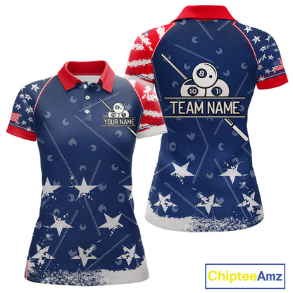 Blue Red Grunge US Flag 8 Ball Pool Women  Billiard Ball Cue Shirt Custom Patriotic Billiard Team Attire NYN2734