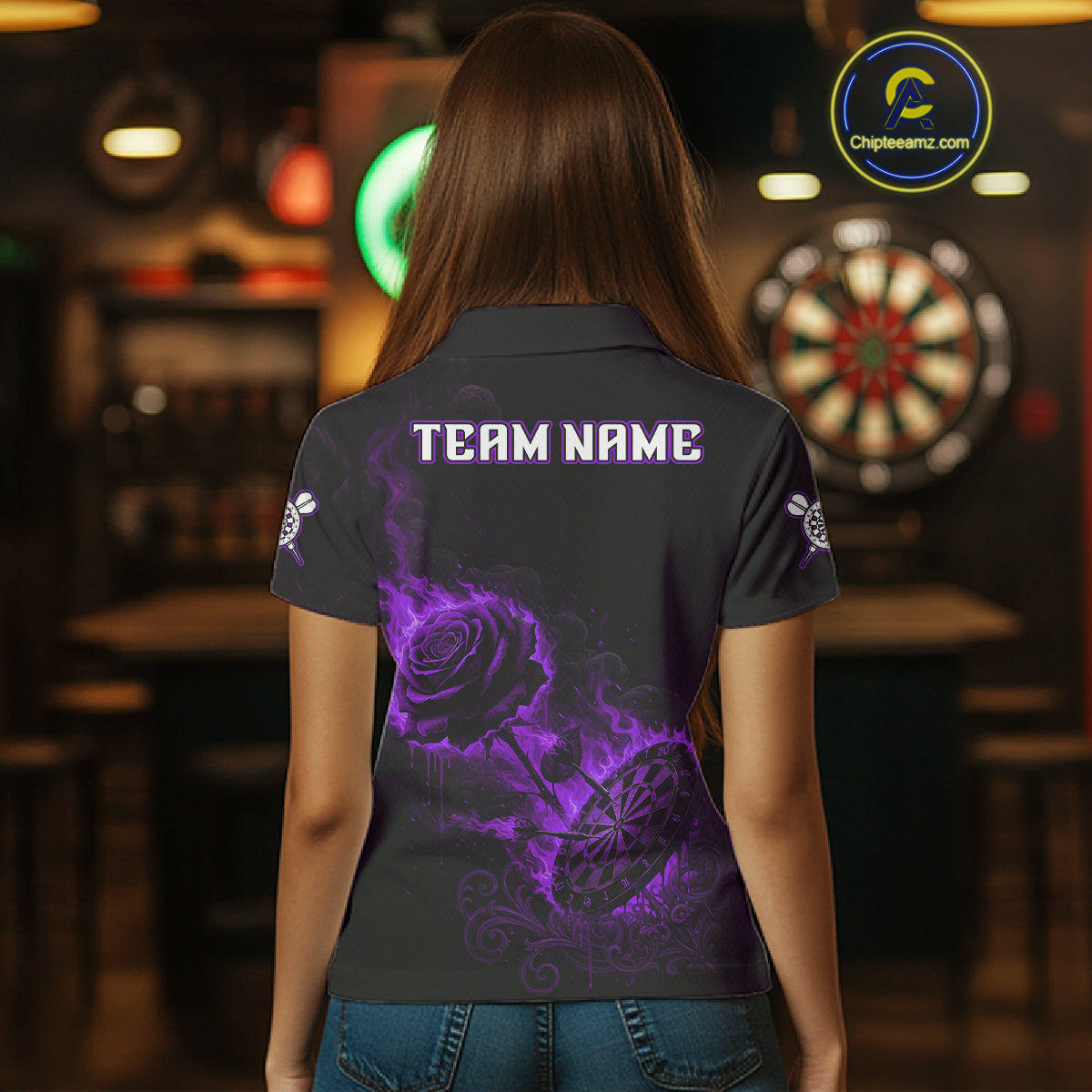 Custom Black And Purple Flames Roses Dartboard Women Darts Polo Shirt, Dart Team Jerseys NYN1847