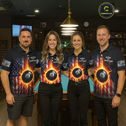 Flame 8 Ball Pool Women Billiard Polo & 1/4-Zip Shirt Custom US Flag Billiard Team Jersey NYN2372