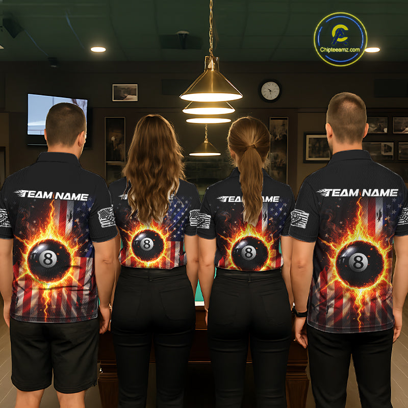 Flame 8 Ball Pool Women Billiard Polo & 1/4-Zip Shirt Custom US Flag Billiard Team Jersey NYN2372