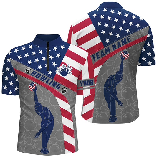 Camo US Flag Bowling Shirt Patritotic Bowling Team Jersey 1/4 Zip Bowling Shirt for Men QZT256
