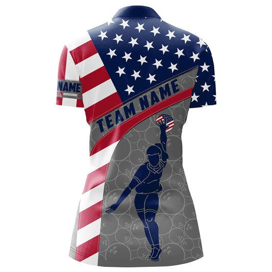 Camo US Flag Bowling Shirt Patritotic Bowling Team Jersey 1/4 Zip Bowling Shirt for Women QZT256